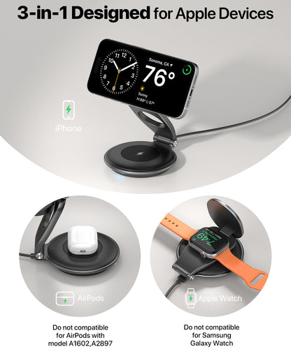3-in-1 MagSafe Travel Charger – Foldable 30W Wireless Charging Station