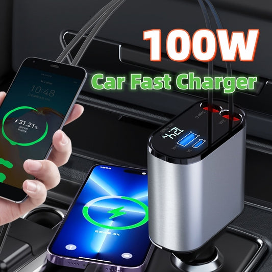 100W Metal Car Charger – USB & Type-C Fast Charging Adapter