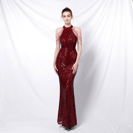 Backless Evening Dress Women Party Dress Long Wear Sequin Fabric